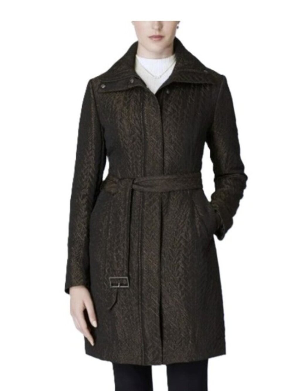 Cole Haan Womens Italian Jacquard Genevieve Weave Coat Bronze Size XXL